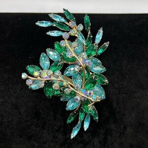 Huge Vintage Aqua Green Rhinestone Leaf Brooch Judy Lee Style 4”